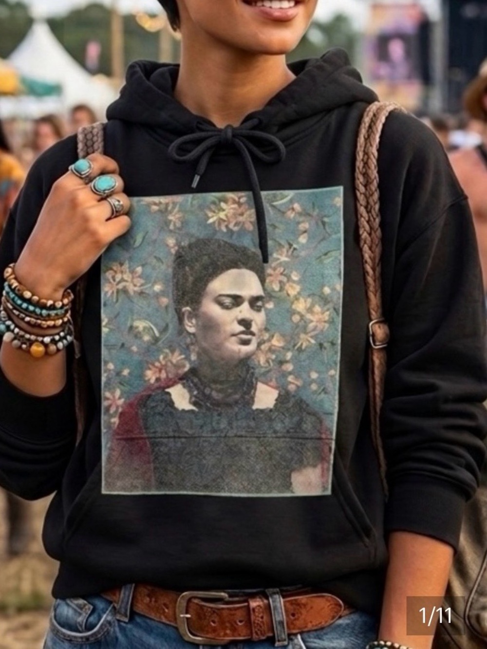 FRIDA KAHLO Floral Graphic Hoodie - Black w/ Red Rose Hood. Boho Festival Artsy🌹